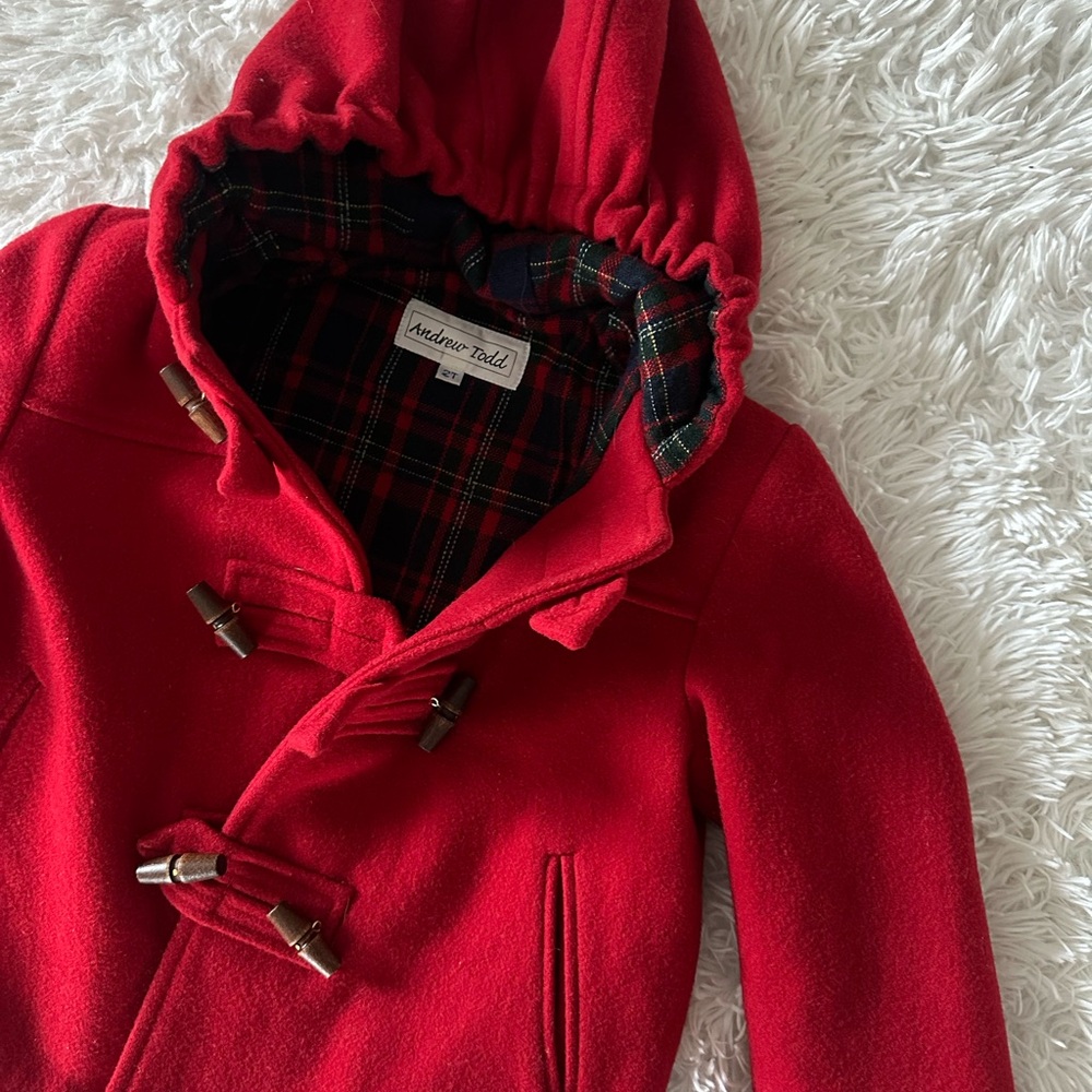 Vintage ANDREW TODD Toddler Red Wool Hooded Duffle Toggle Coat Jacket Size 2T